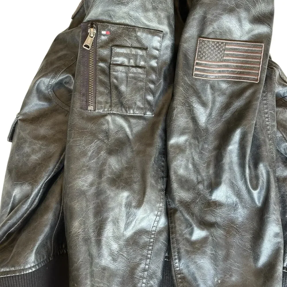 Tommy Hilfiger Mens Coat Size Large Black Faux Leather Fur Bomber Styler Y2K